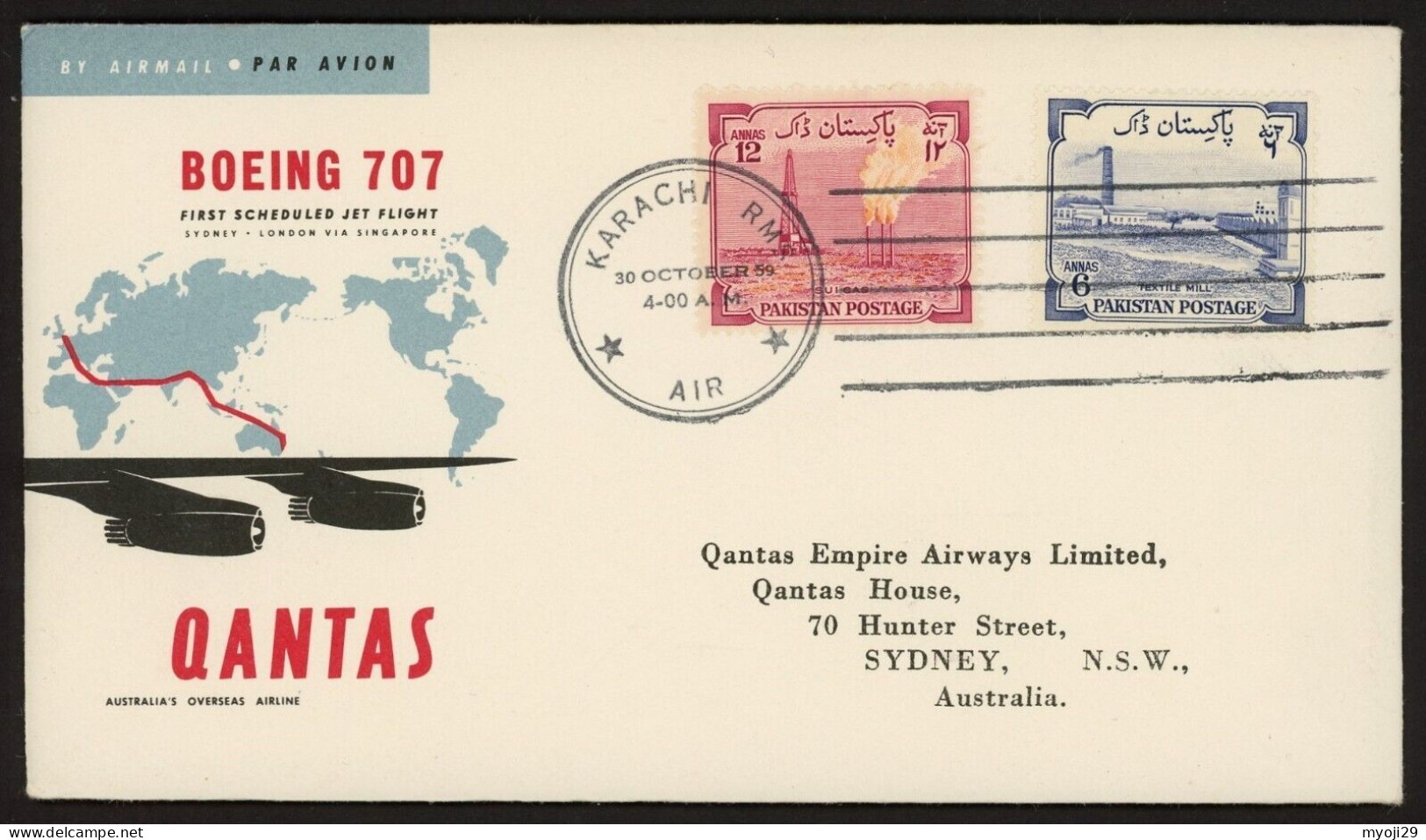 Pakistan 1959 First Jet Flight Boeing 707 QANTAS Cover Karachi To Australia - Pakistan