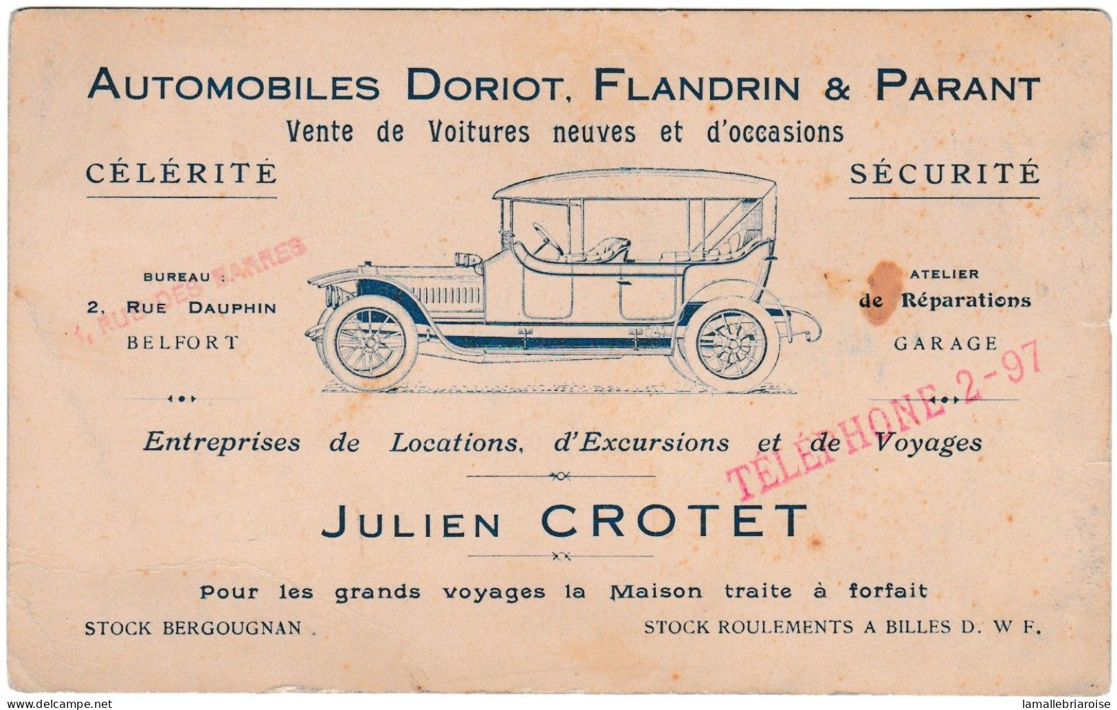 Carte De Visite: Automobiles Doriot, Flandrin & Parant, Vente De Voitures Neuves Et D'occasions - Visitenkarten