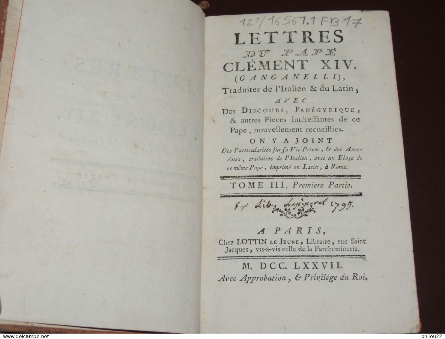 Lettres intéressantes du pape Clément XIV (Ganganelli) - 3 tomes en 2 vols. 1776