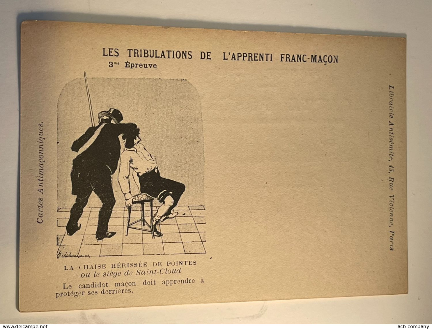 Franc - Maçonnerie . 3 épreuve . La Chaise . Les Tribulations De L Apprenti Franc - Maçon . Librairie Antisémite . Paris - Jewish