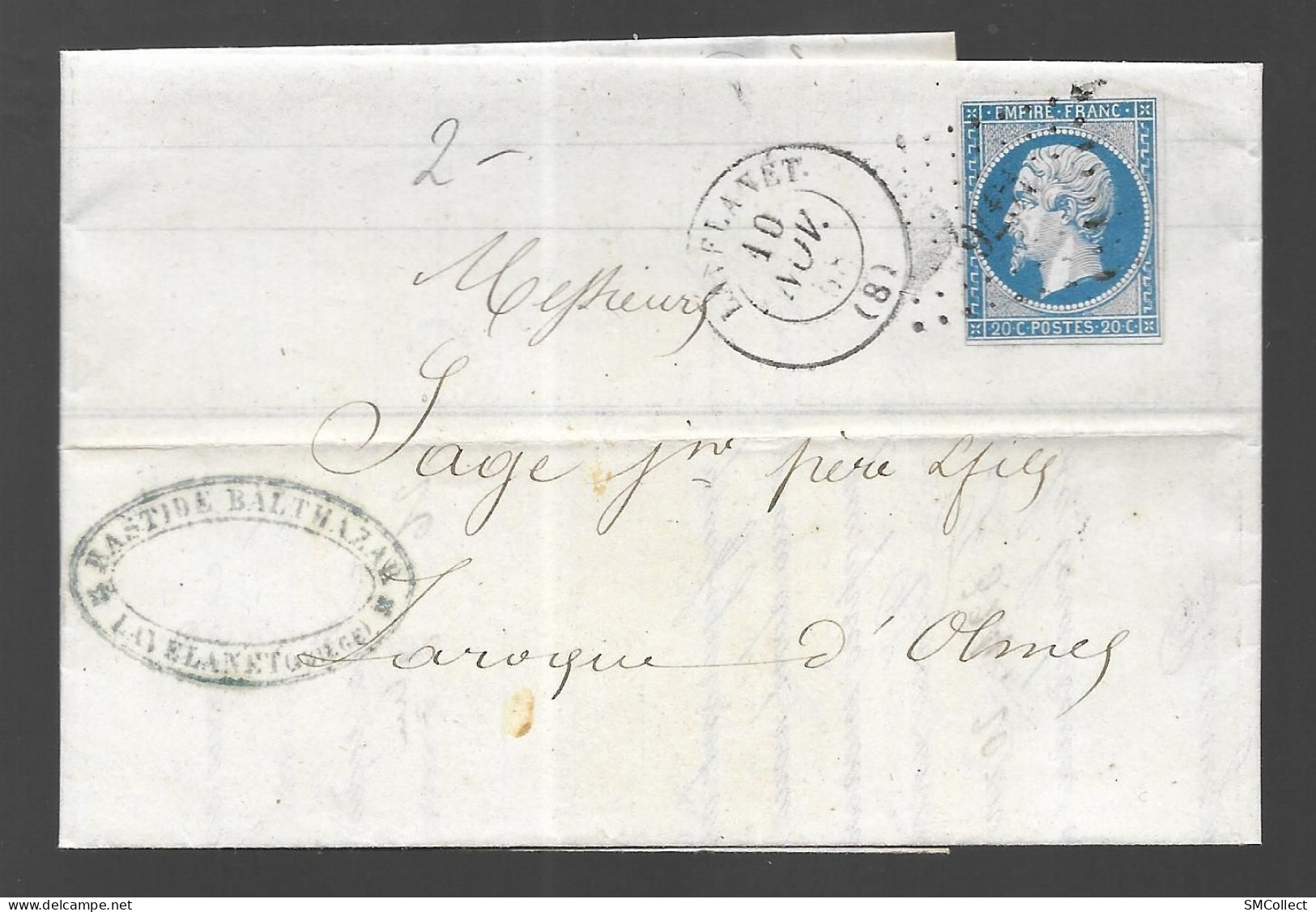 Timbre Napoléon III Bleu 20 Centimes Sur Lettre, Oblitération Losange N° 1676 Lavelanet (As) - Manual Postmarks