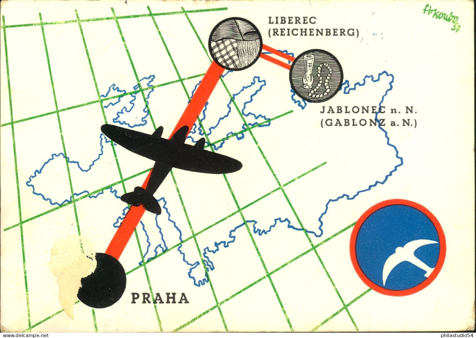 1932, Sonderkarte Zur Eröffnung Der Fluglinie PRAHA - LIEBEREC (Reicenberg) - Briefe U. Dokumente