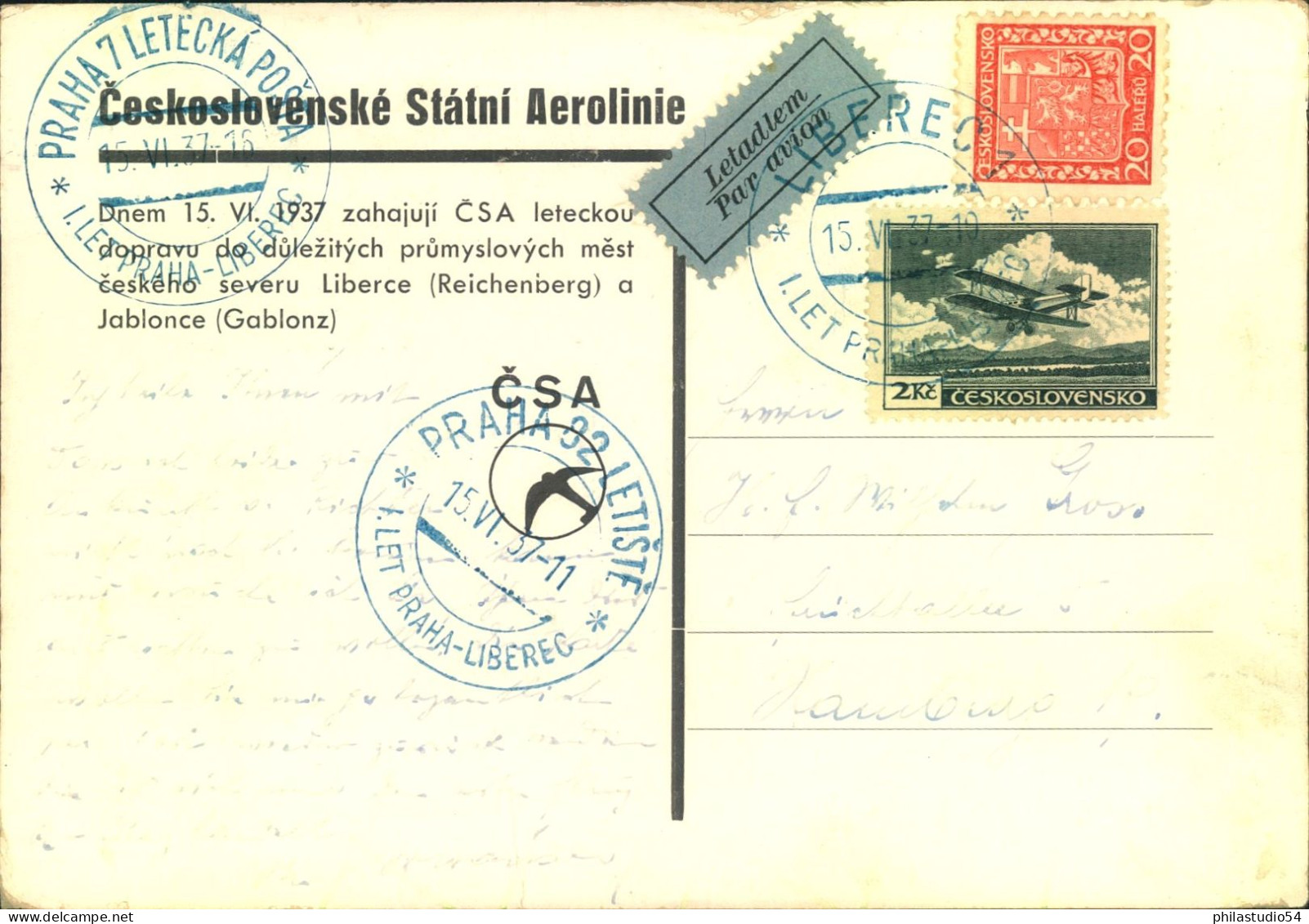 1932, Sonderkarte Zur Eröffnung Der Fluglinie PRAHA - LIEBEREC (Reicenberg) - Lettres & Documents