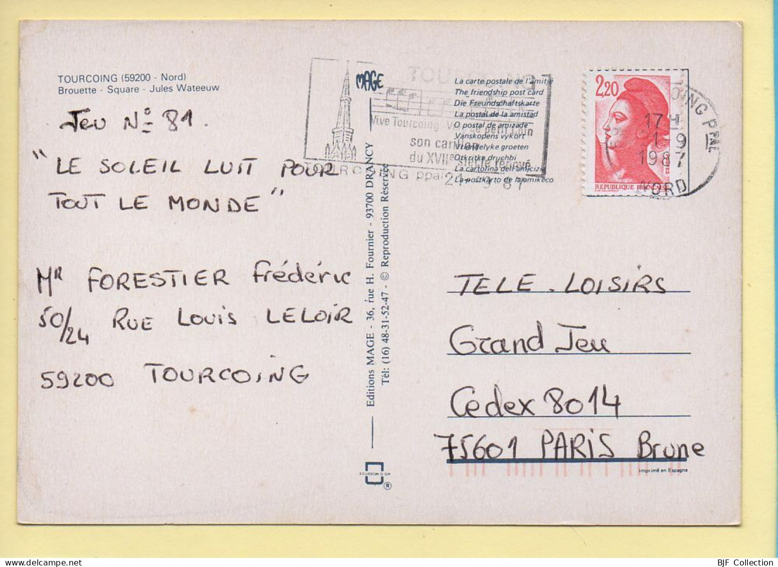 59. TOURCOING – Ville Du Broutteux / 2 Vues / Parchemin / Carte Toilée (voir Scan Recto/verso) - Tourcoing