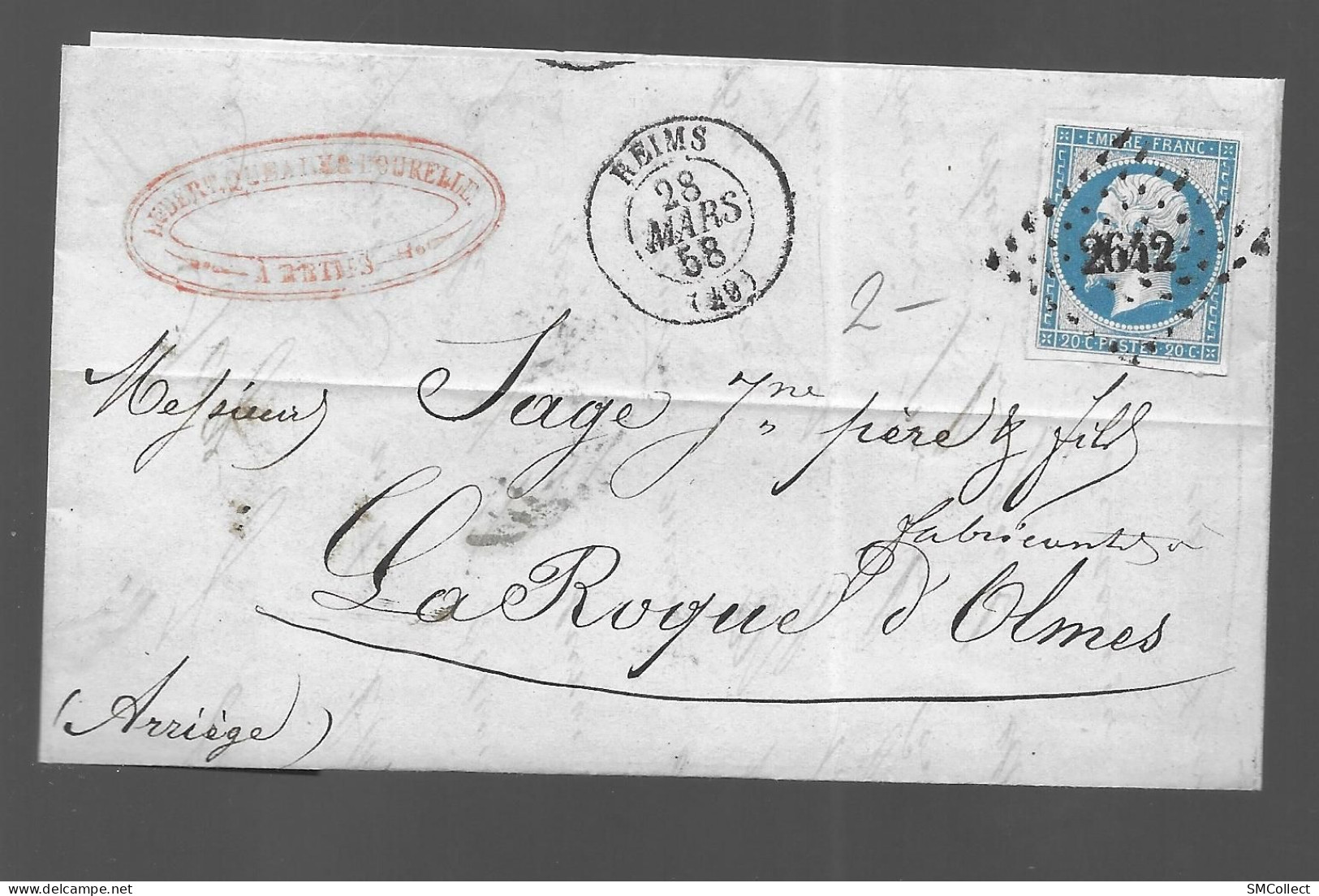 Timbre Napoléon III Bleu 20 Centimes Sur Lettre, Oblitération Losange N° 2642 Reims (As) - Cachets Manuels