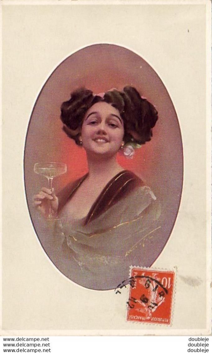 CARTE D'ILLUSTRATEUR FEMME A LA COUPE DE CHAMPAGNE ........... - Women