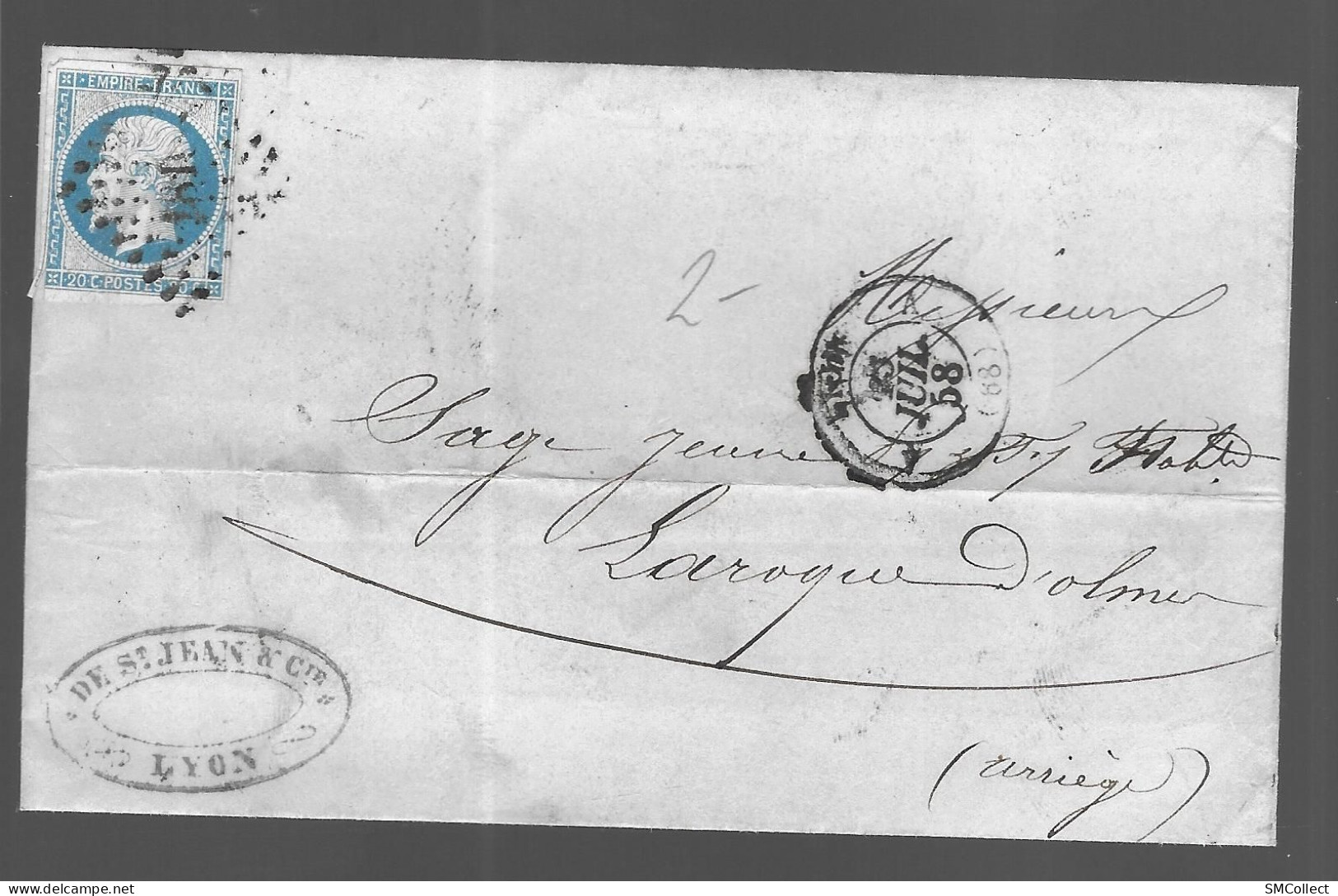 Timbre Napoléon III Bleu 20 Centimes Sur Lettre, Oblitération Losange N° 1818 Lyon (As) - Handstempel