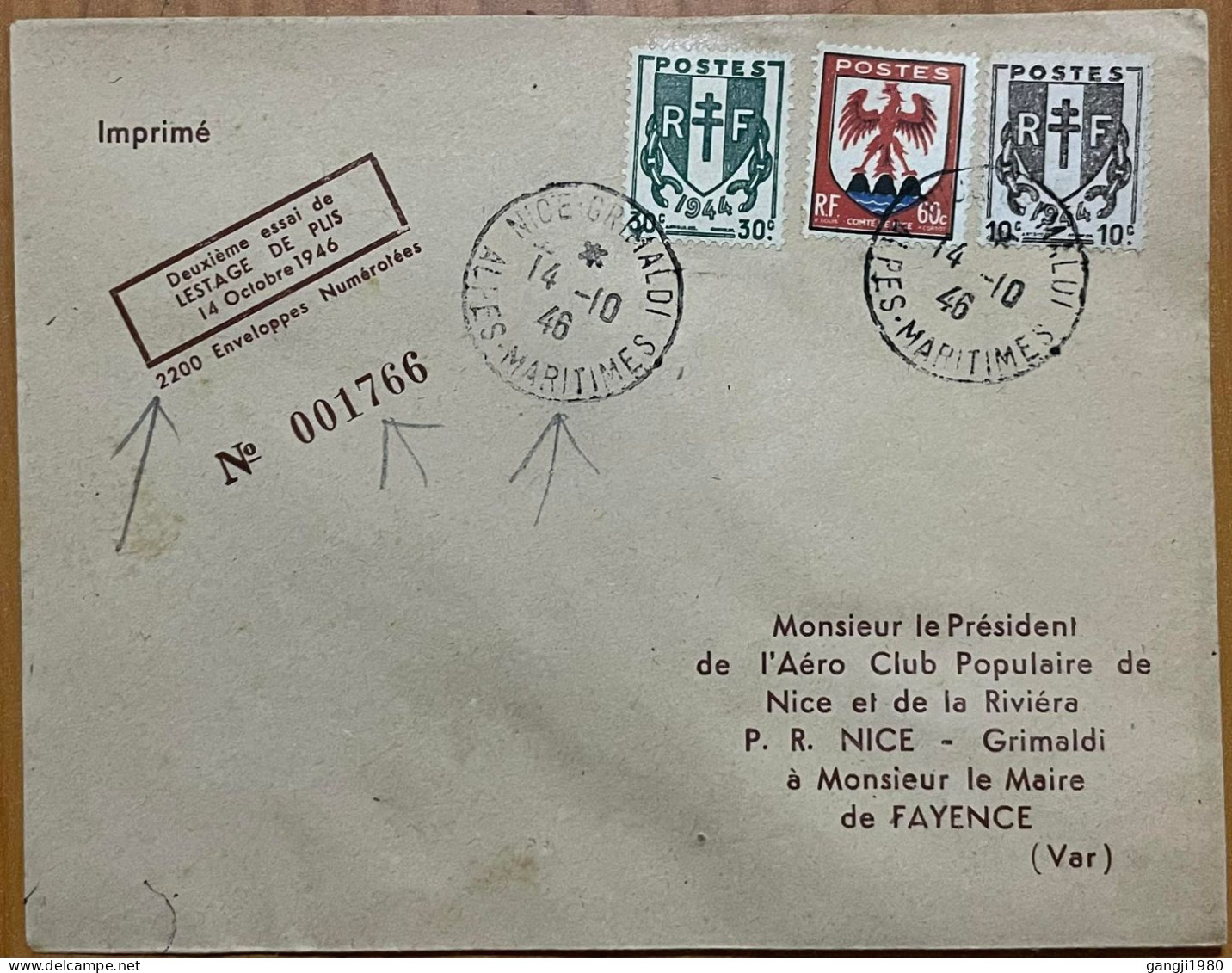 FRANCE 1946, COVER LIMITED ISSUE, ONLY 2200 ISSUE, NICE GRIMALDI ALPES MARITIMES, AERO CLUB, 3 DIFFERENT STAMP - Briefe U. Dokumente