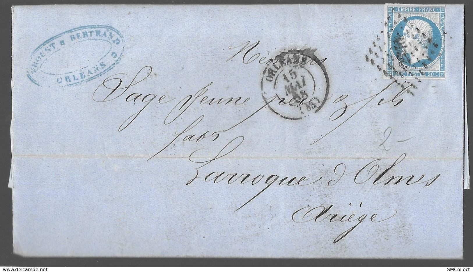 Timbre Napoléon III Bleu 20 Centimes Sur Lettre, Oblitération Losange N° 2340 Orléans (As) - Manual Postmarks