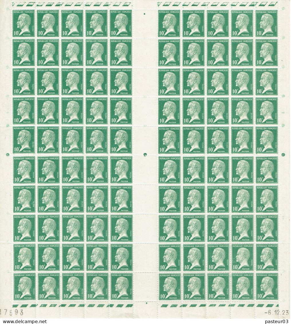 170 Pasteur 10 C. Vert   Feuille De 100 Timbres Date 6-12-1923 Cylindre E Luxe - Volledige Vellen