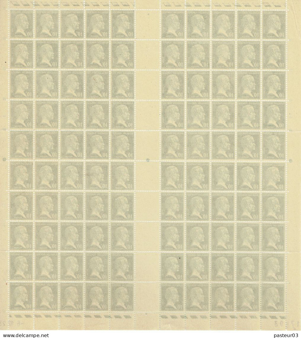 170 Pasteur 10 C. Vert   Feuille De 100 Timbres Date 6-12-1923 Cylindre E Luxe - Volledige Vellen