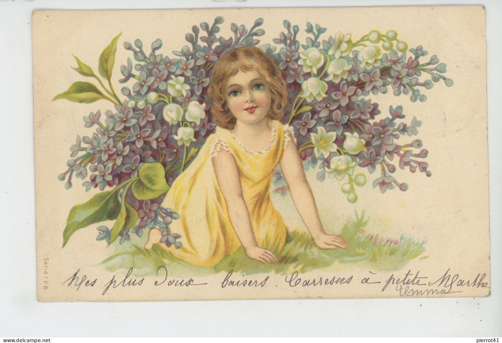 ENFANTS - LITTLE GIRL - MAEDCHEN - Jolie Carte Fantaisie Gaufrée Fillette Avec Fleurs Muguet Et Lilas (embossed Card) - Kinder-Zeichnungen
