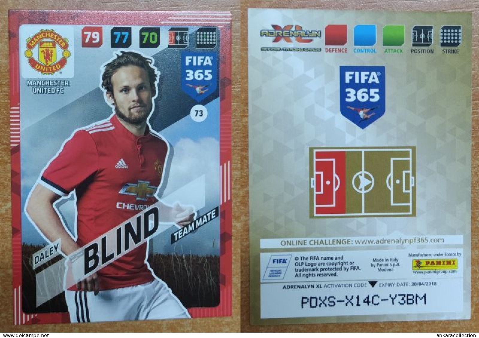 AC - 73 DALEY BLIND  MANCHESTER UNITED FC  FIFA 365 PANINI 2018 ADRENALYN TRADING CARD - Tarjetas