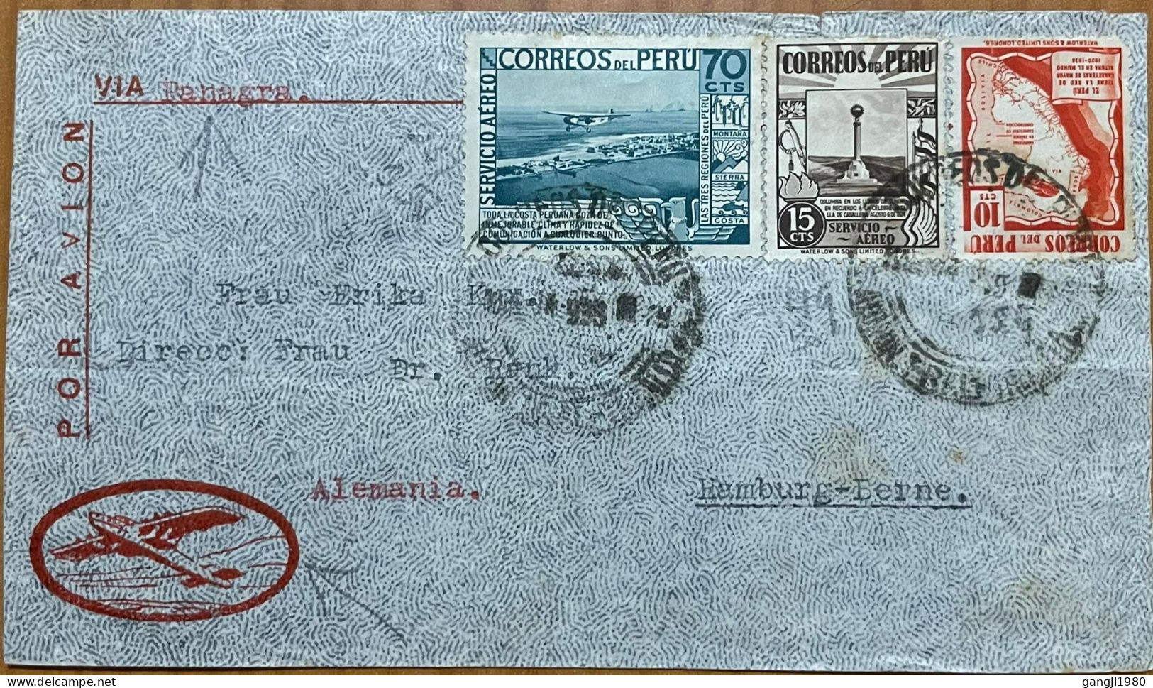 PERU-1938, PANAGRA,AIRMAIL, COVER USED TO GERMANY, 3 DIFF STAMP, MAP, MONUMENT, AIRPLANE - Perù