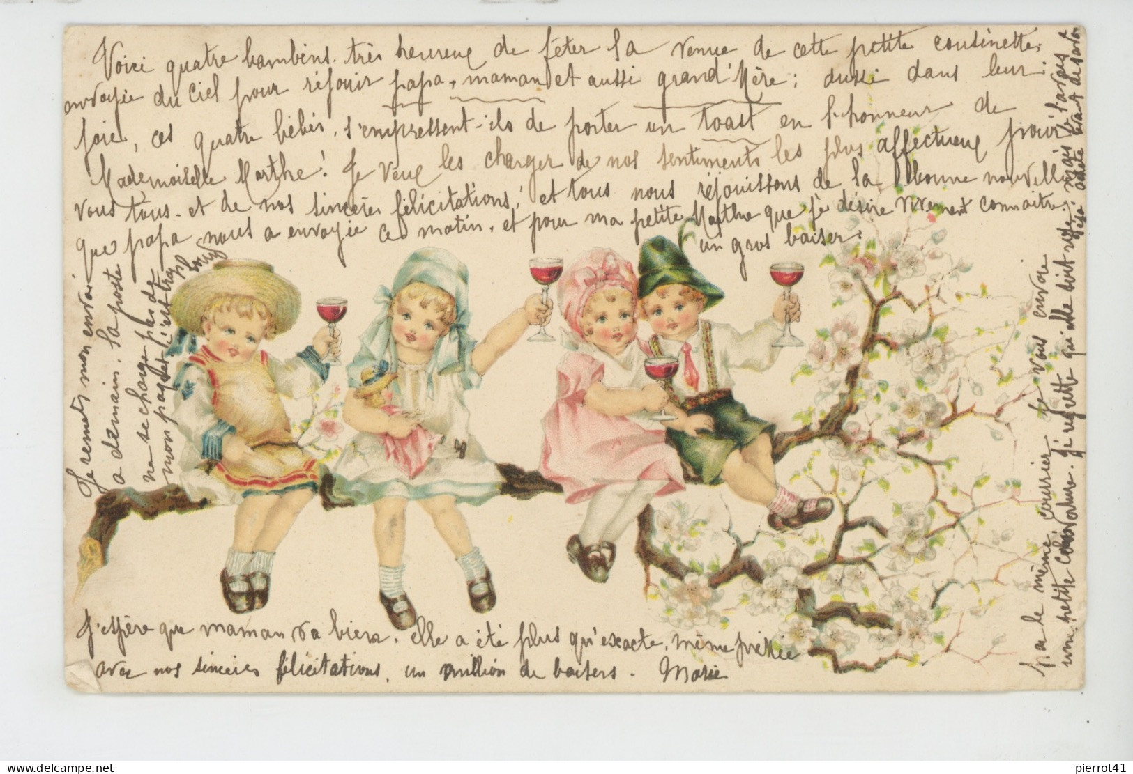 ENFANTS - Jolie Carte Fantaisie Gaufrée Enfants Assis Sur Une Branche Avec Verre De Vin (embossed Card) - Kinder-Zeichnungen