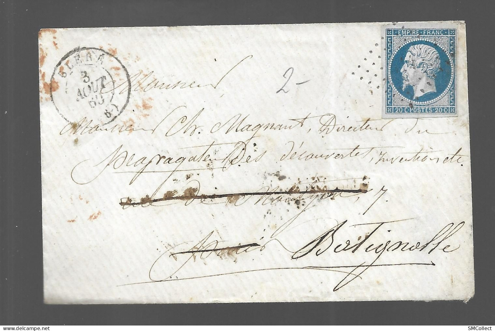 Timbre Napoléon III Bleu 20 Centimes Sur Lettre, Oblitération Losange N° Inexistant Ou Faiblesse D'appui, Bléré (As) - Manual Postmarks