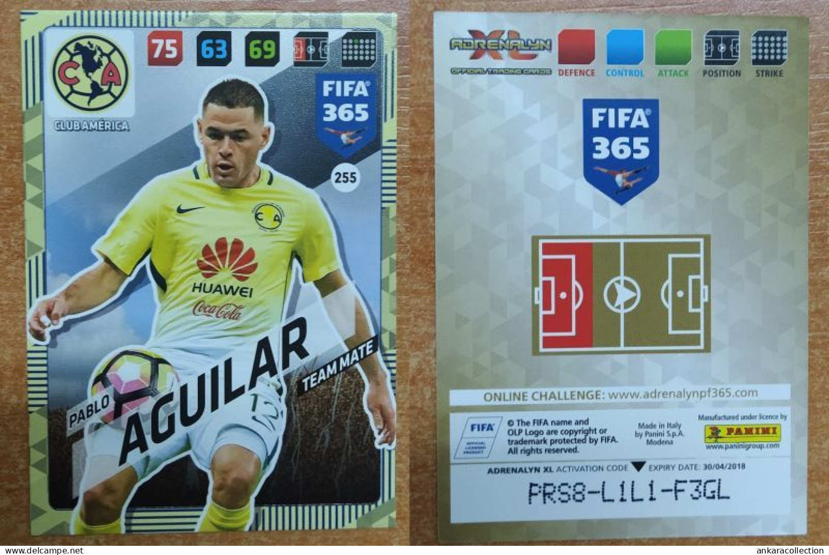 AC - 255 PABLO AGUILAR  CLUB AMERICA  TEAM MATE  FIFA 365 PANINI 2018 ADRENALYN TRADING CARD - Trading Cards