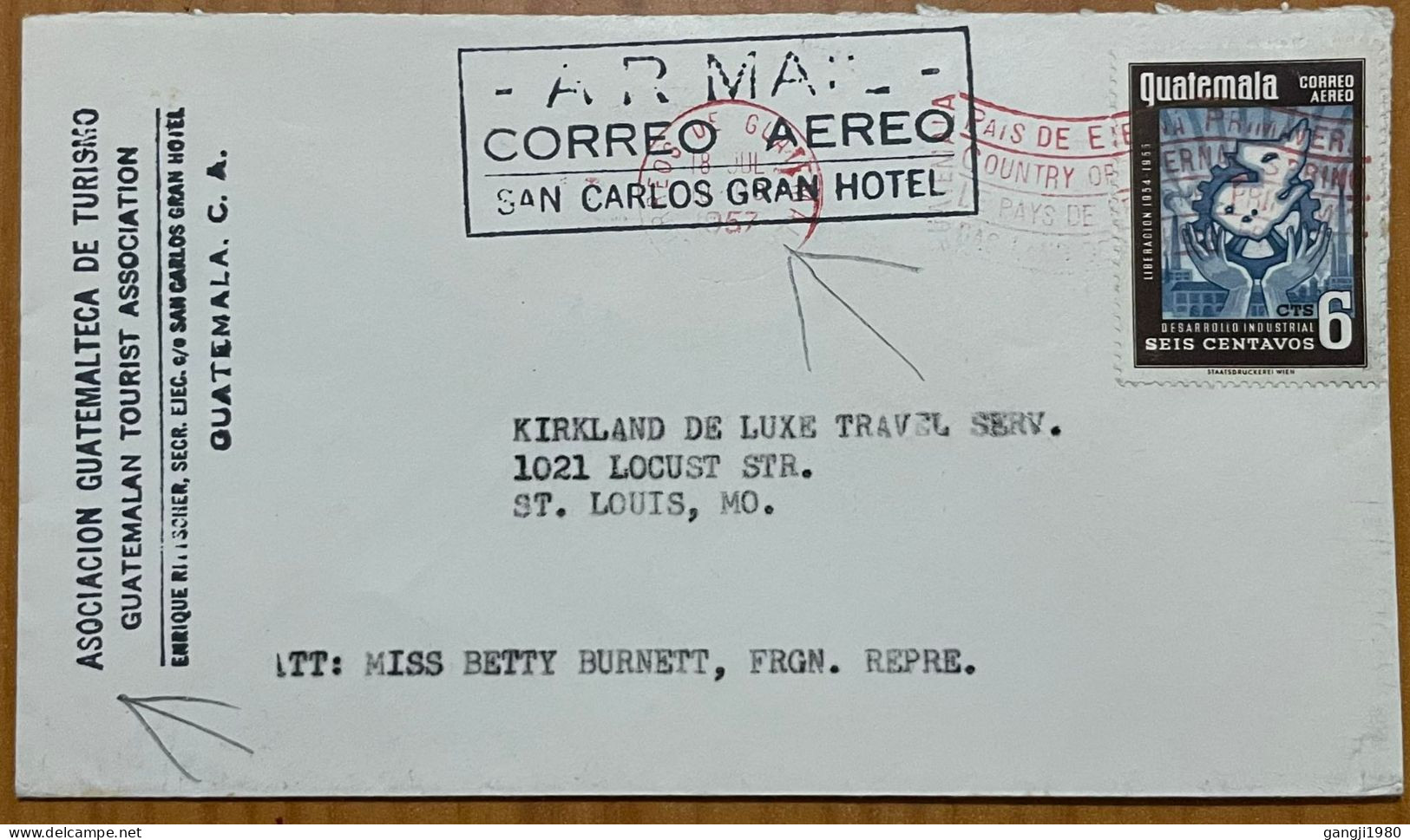 GUATEMALA 1957, COVER USED TO USA, ADVERTISING SAN CARLOS GRAND HOTEL & TOURISM ASSOCIATION, METER CANCEL REVERSE PRINT, - Guatemala