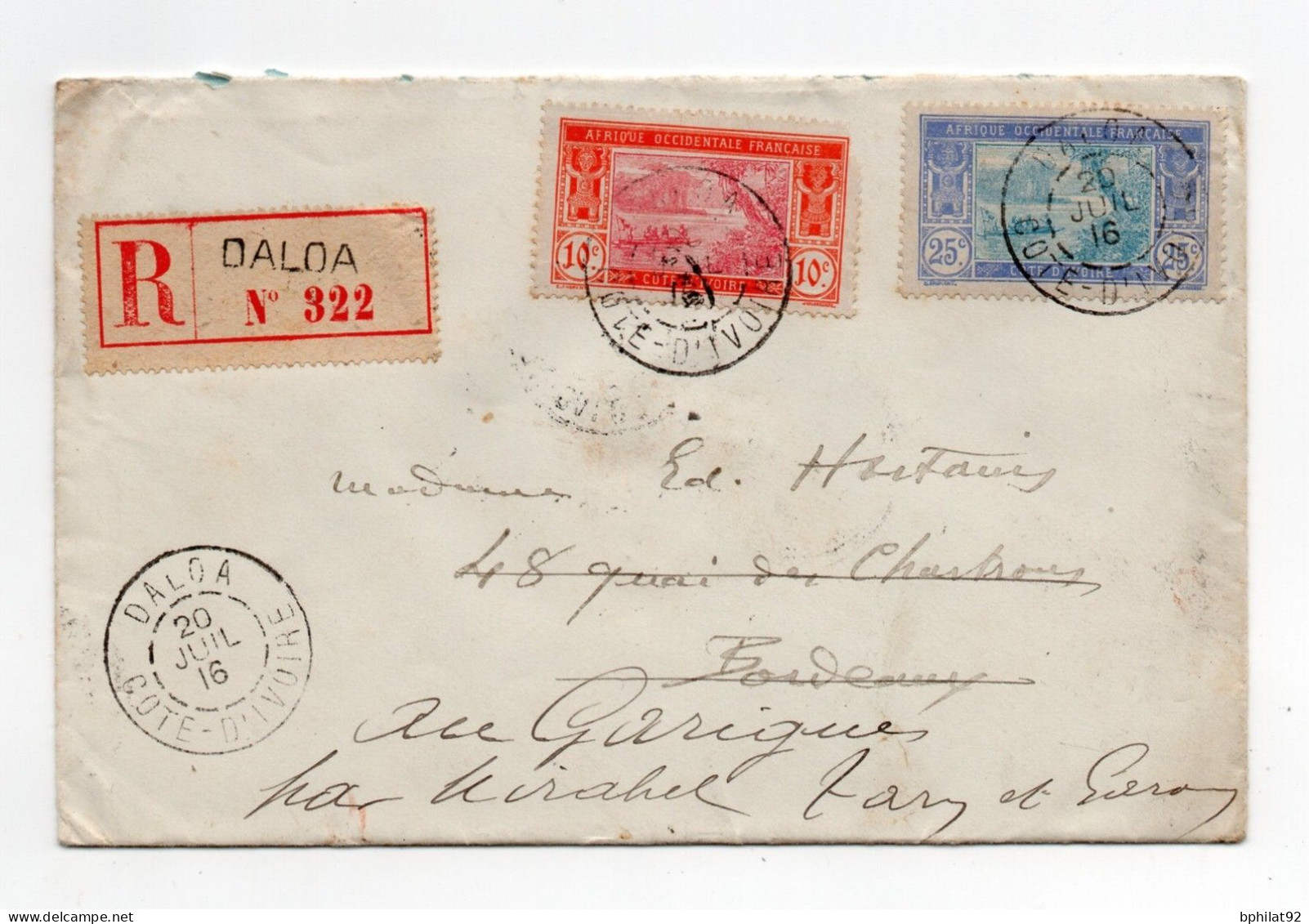 !!! COTE D'IVOIRE, LETTRE RECOMMANDEE DE DALOA POUR BORDEAUX DE 1916 - Cartas & Documentos