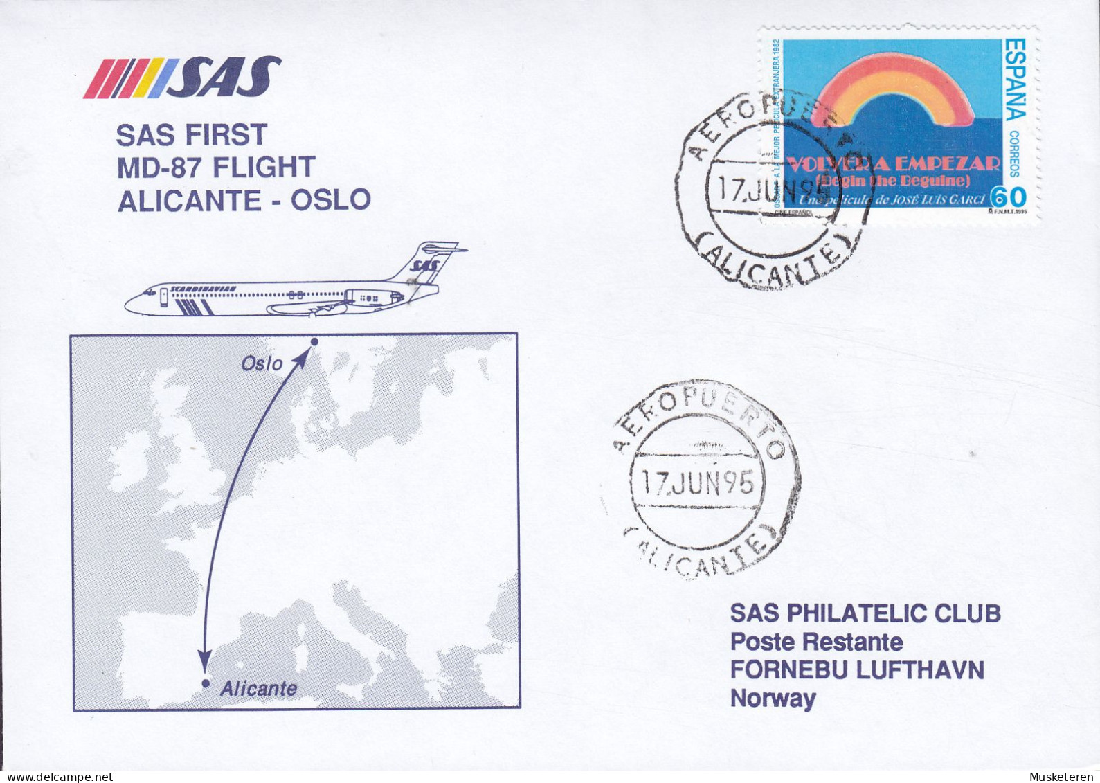 Spain SAS First MD-87 Flight ALICANTE - OSLO, Aeropuerto (Alicante) 1995 Cover Brief Letra Volvera Empezar Stamp - Brieven En Documenten