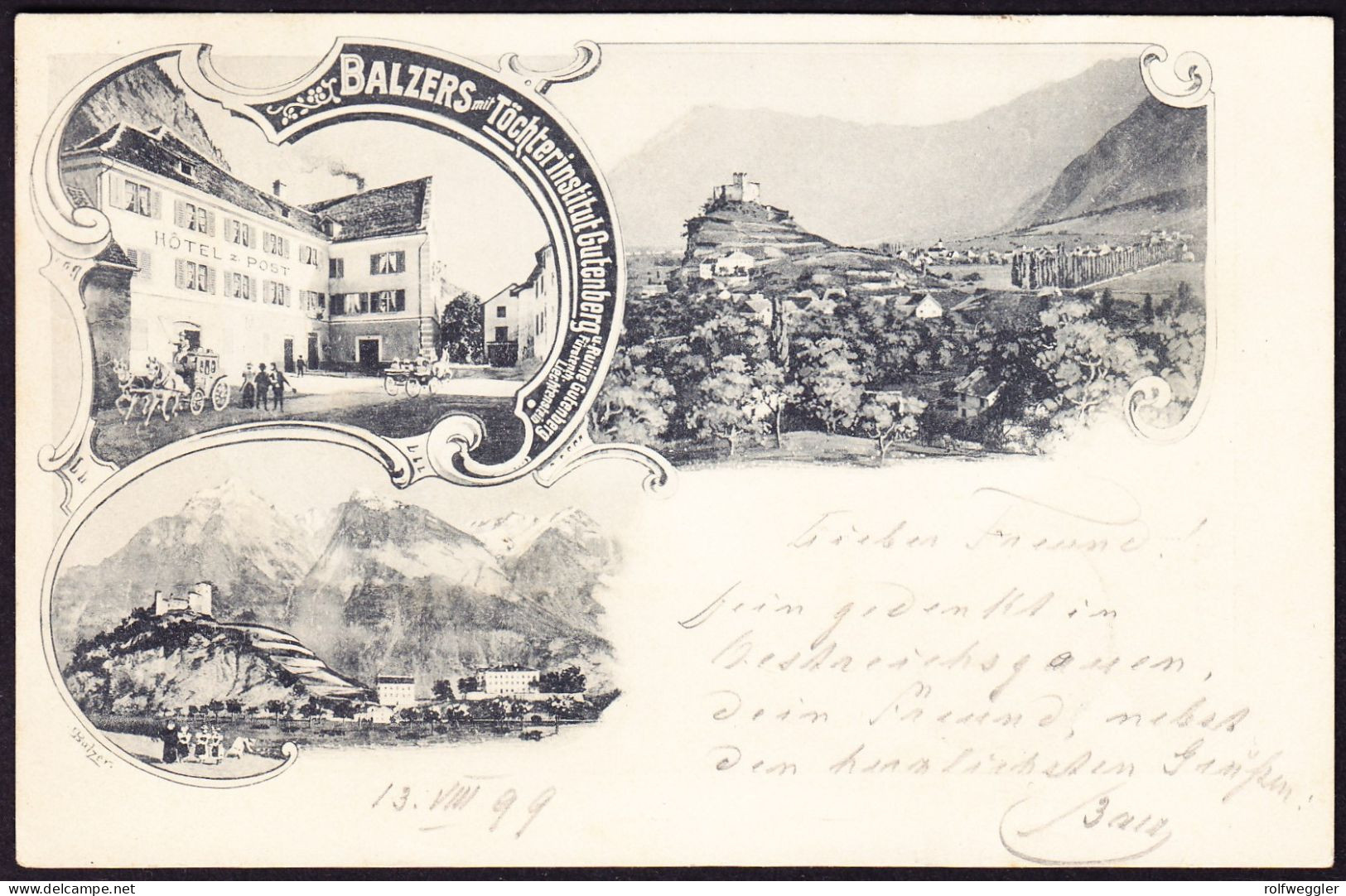 1899 Gelaufene AK: Töchterinstitut Gutenberg, Hotel Zur Post In Balzers. Abgangsstempel BALZERS Auf 5 Kreuzer Marke - Liechtenstein
