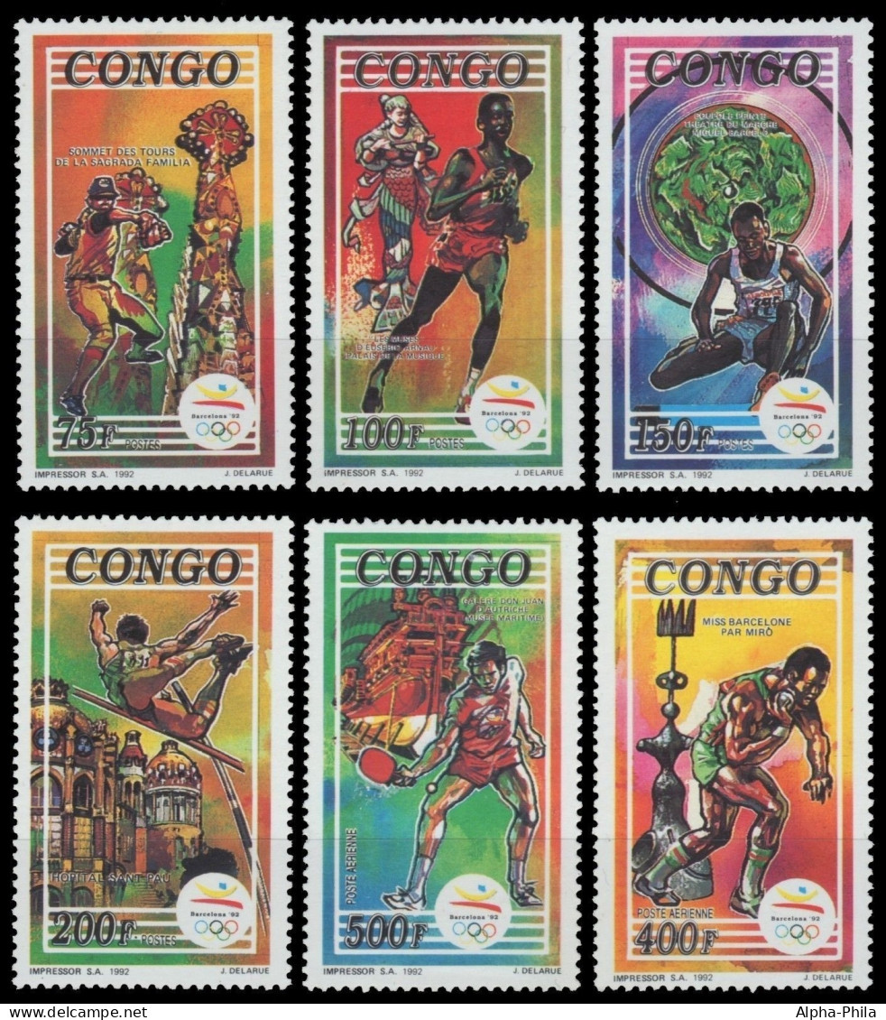 Kongo-Brazzaville 1992 - Mi-Nr. 1342-1347 A ** - MNH - Olympia Barcelona - Nuevas/fijasellos