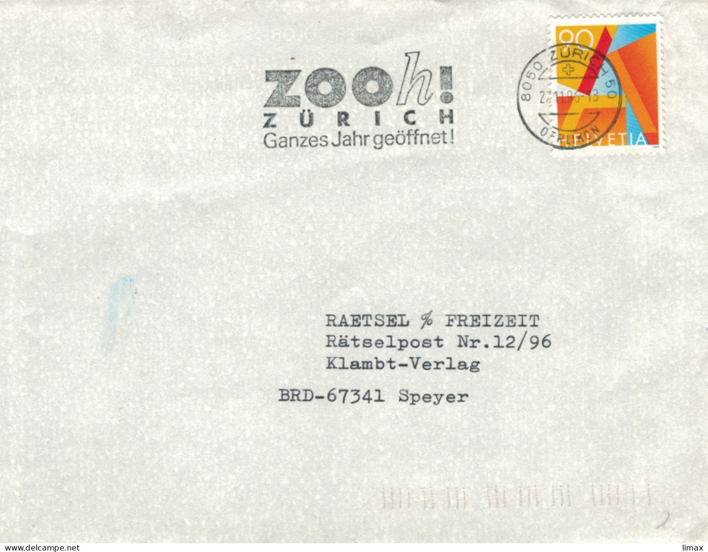8050 Zürich 1996 Zoo Ganzes Jahr Geöffnet - Zooooh - Storia Postale