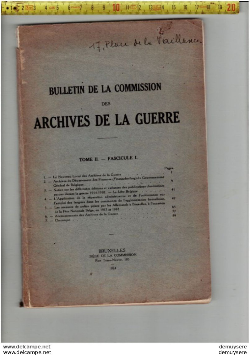 BOEK 001  - BULLETIN DE LA COMMISSION DES ARCHIVES DE LA GUERRE 1924 - 104 PAGES - Francese