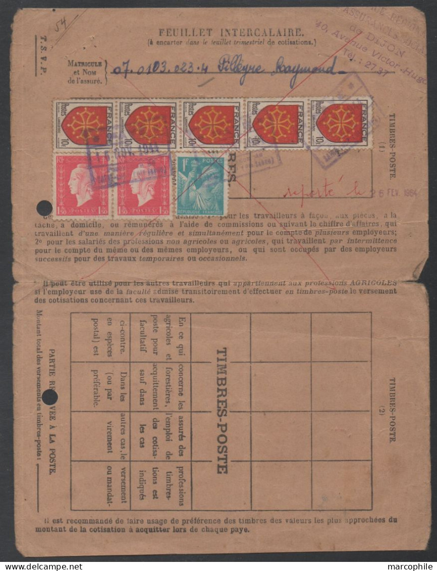DIJON - COTE D'OR / BEL AFFRANCHISSEMENT SUR CARTE DE COTISATION  DATEE DU  16-11-1944 - Covers & Documents