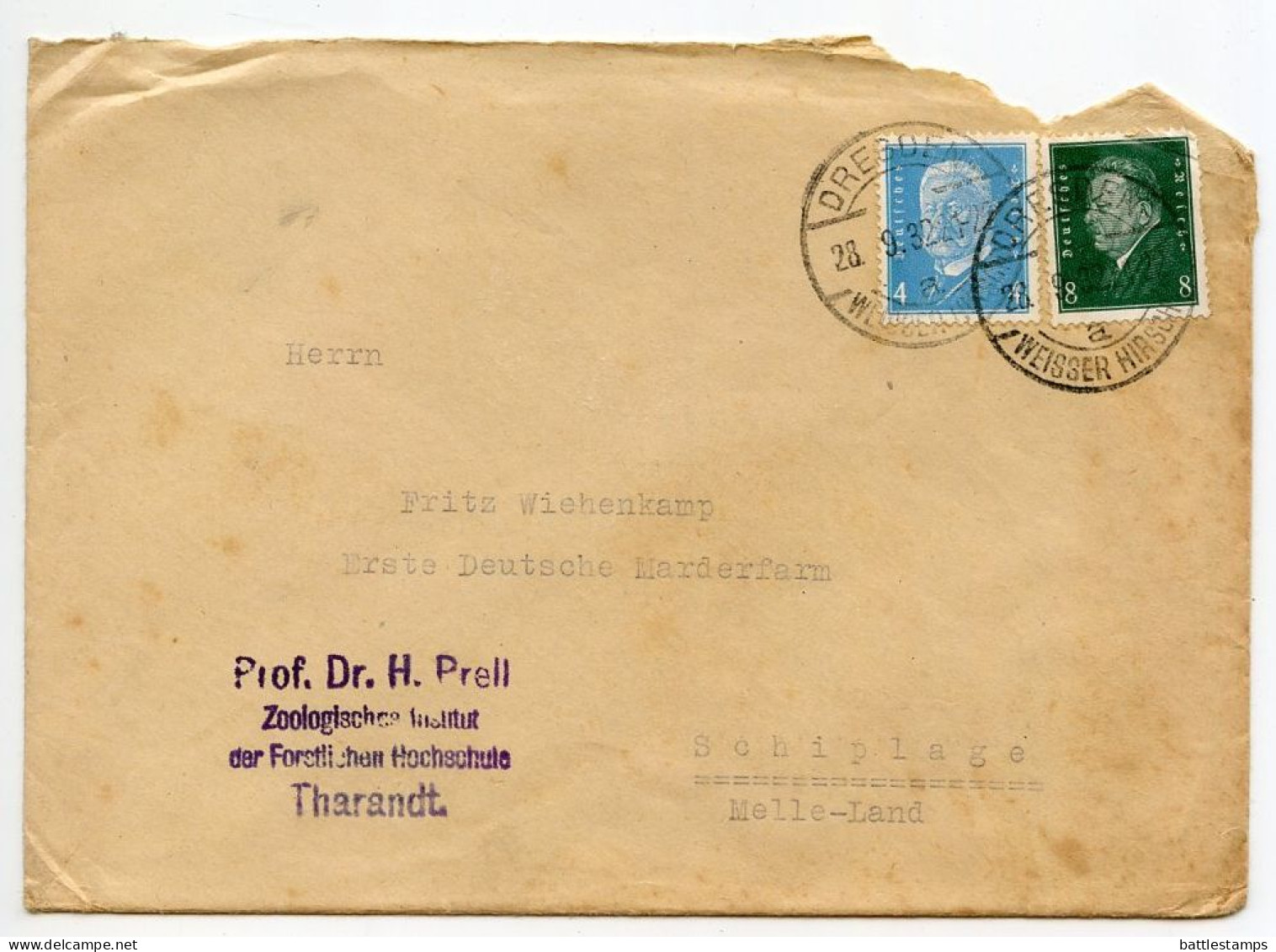 Germany 1932 Cover & Letter; Dresden-Weisser Hirsch - Zoologisches Institut Der Forstilichen; 4pf Hindenburg & 8pf Ebert - Covers & Documents
