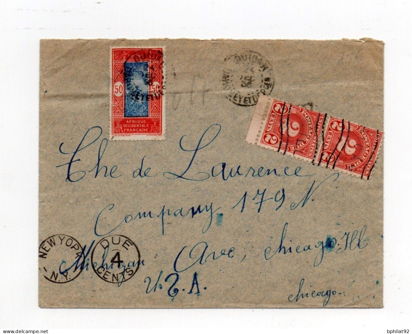 !!! DAHOMEY, LETTRE DE OUIDAH DE 1936 POUR CHICAGO, TAXEE A L'ARRIVEE AUX USA - Covers & Documents