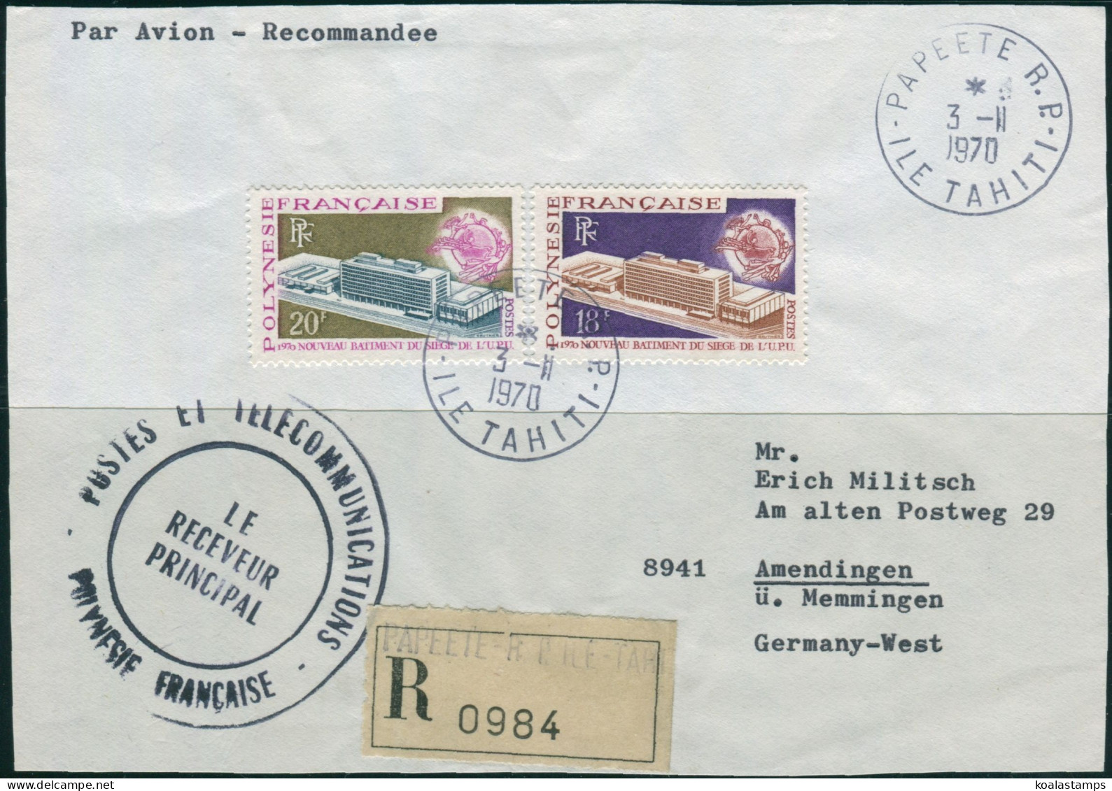 French Polynesia 1970 Sc#261-262,SG112-113 UPU Headquarters Set On Piece FU - Other & Unclassified