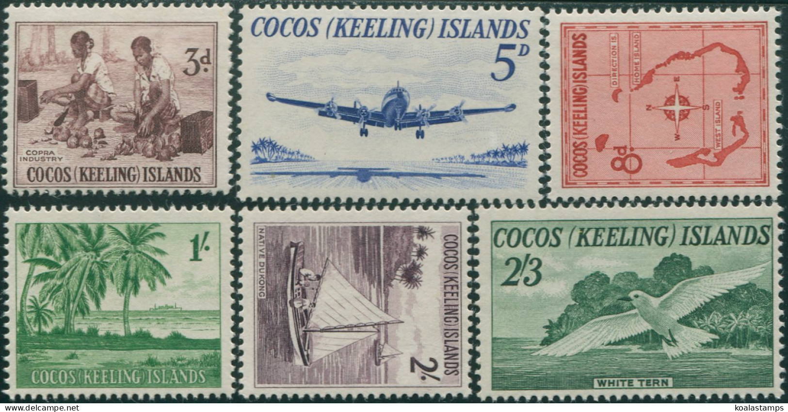 Cocos Islands 1963 SG1-6 Copra Palms Lockheed Jukong Tern Map Set MNH - Cocoseilanden