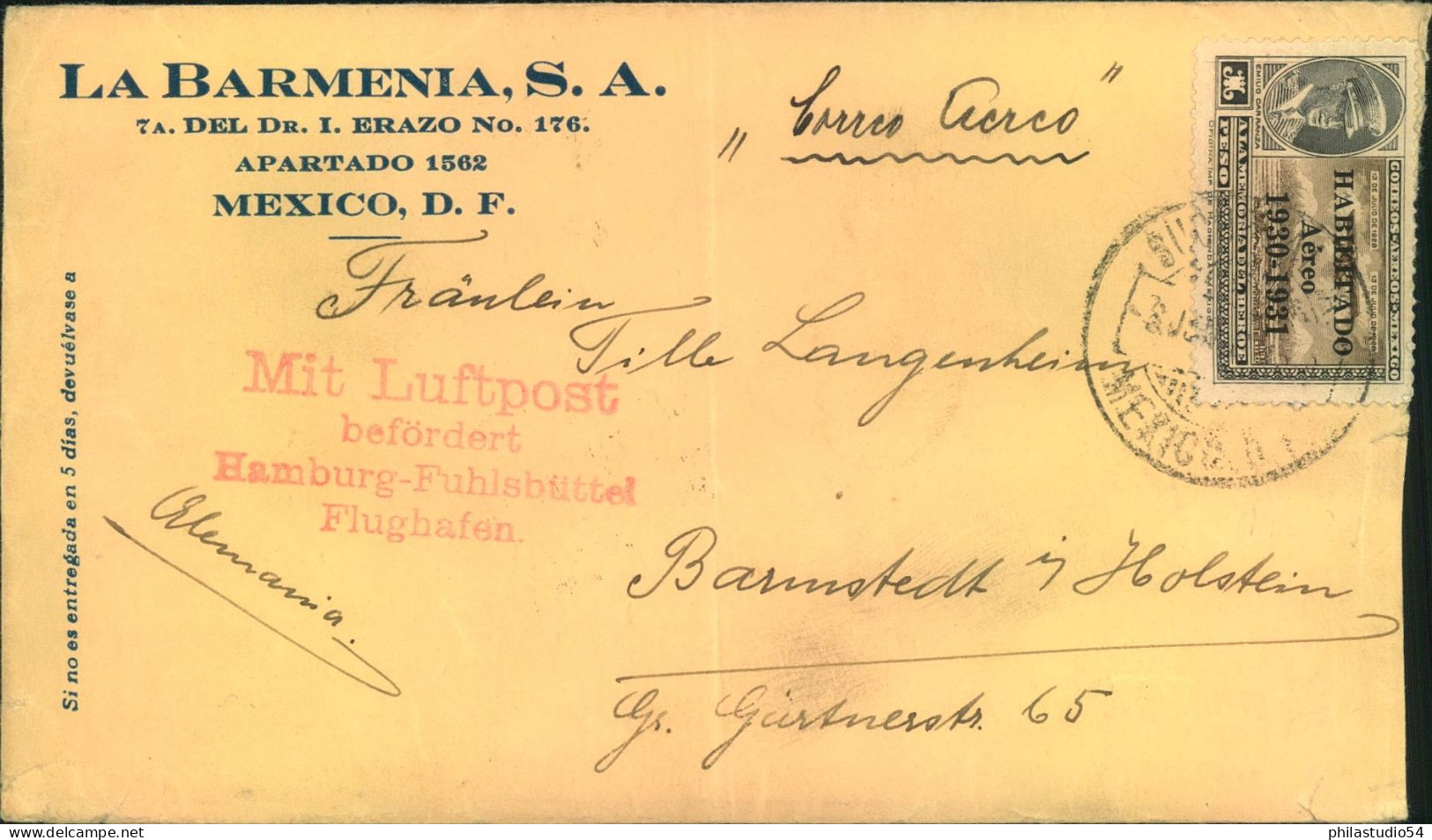 1932, Incomig Mail: Luftpostbrief Aus Mexico Nach HAMBURG Mit Bestätigungsstempel - Luft- Und Zeppelinpost