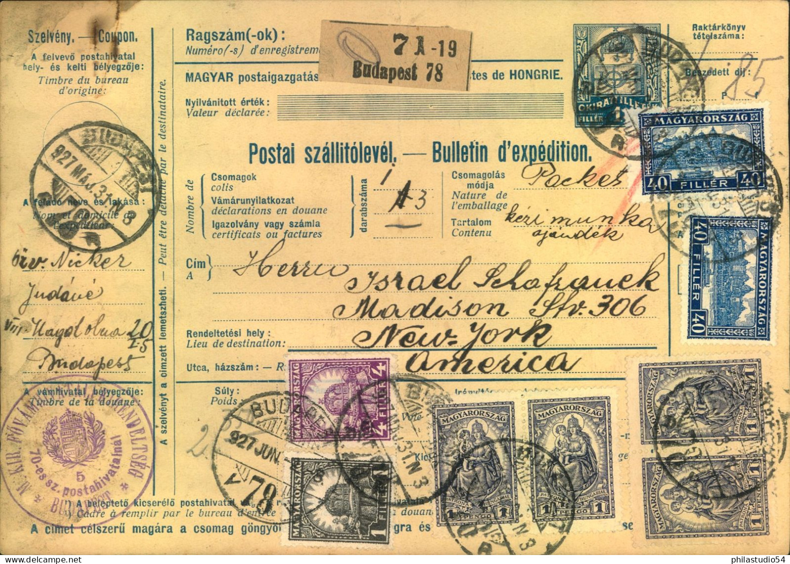 1927, Hoch Frankierte Paketkarte Aus Budapest - ...-1867 Prephilately