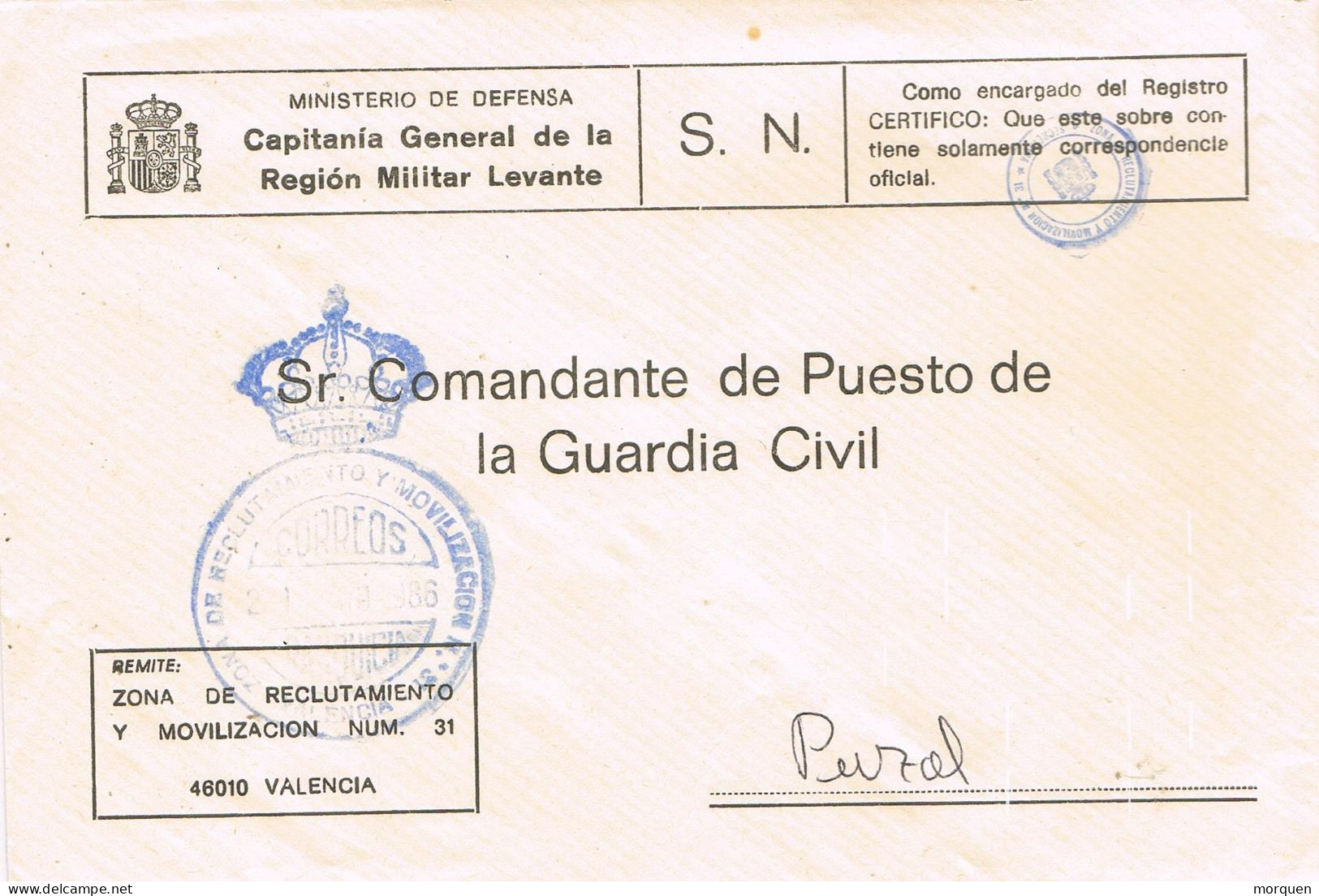 54968. Carta VALENCIA 1986. FRANQUICIA Capitania General. Reclutamiento Y Movilizacion - Briefe U. Dokumente