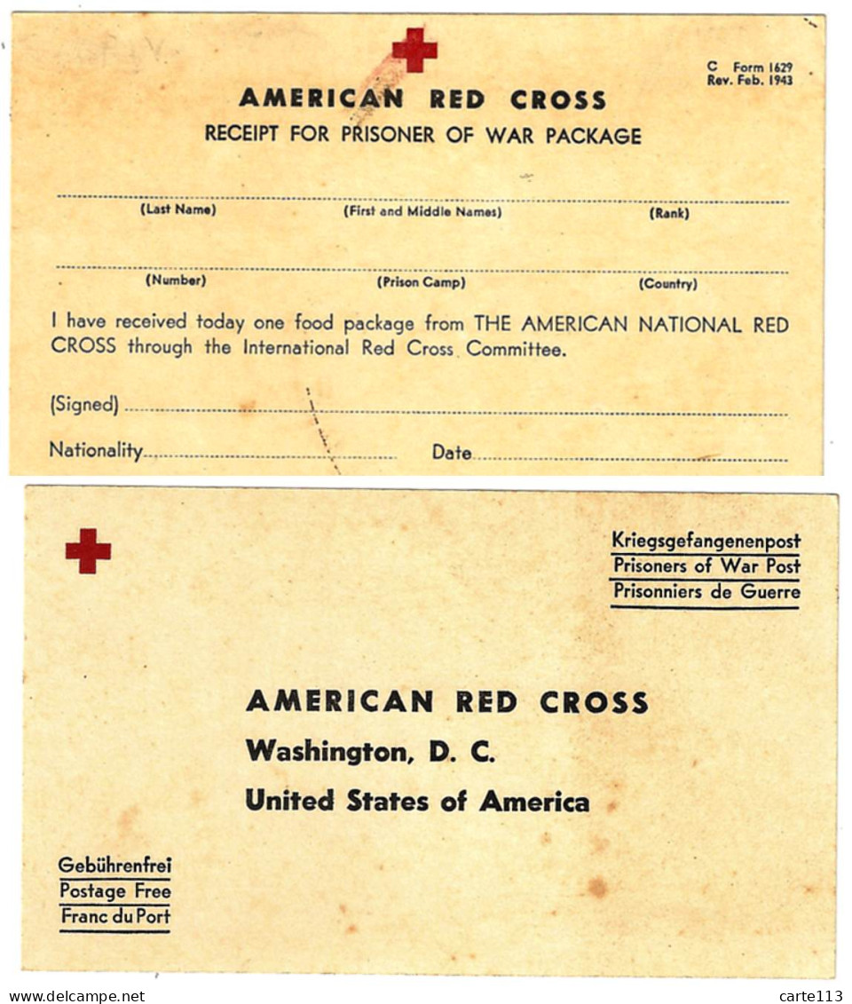 - F26092CPA - AMERICAN RED CROSS - FORM 1629 - 1943 - Receipt For Prisoner Of War Package - Très Bon état - THEMES - Andere & Zonder Classificatie