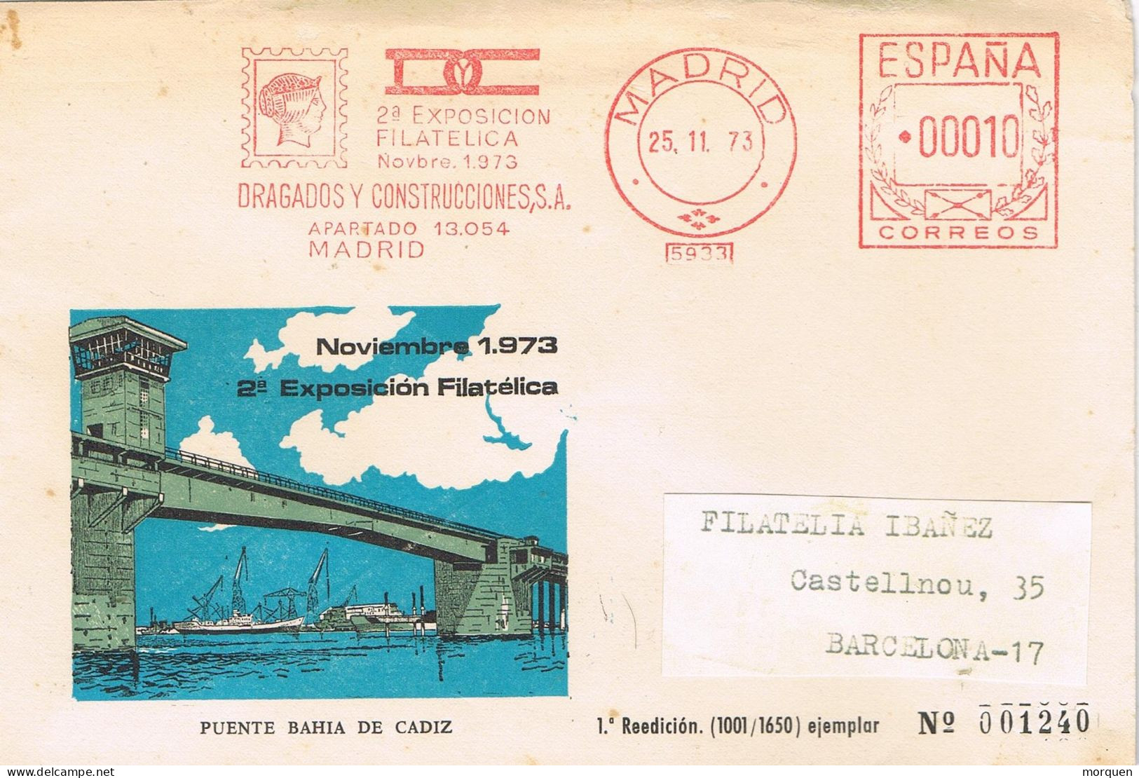 54970. Carta MADRID 1973. Franqueo Mecanico Dragados Y Construcciones, Expo Filatelica. Puente Bahia Cadiz - Brieven En Documenten