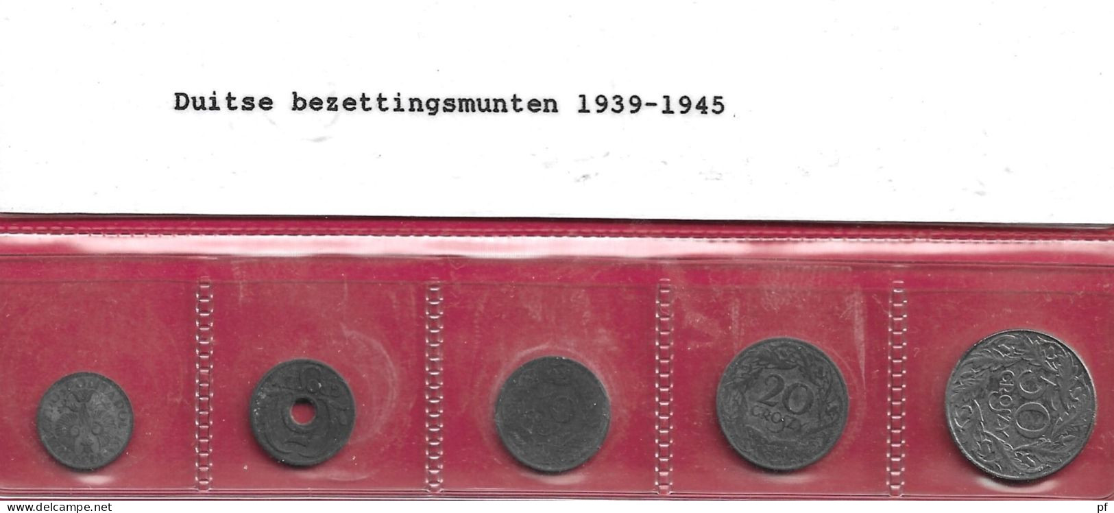 5 Munten WO II 1 Grosz 1939 - 5 Groszy 1939 (RRR)  - 10 Groszy 1923 - 20 Groszy - 50 Groszy (Fe) 1938 - Polen