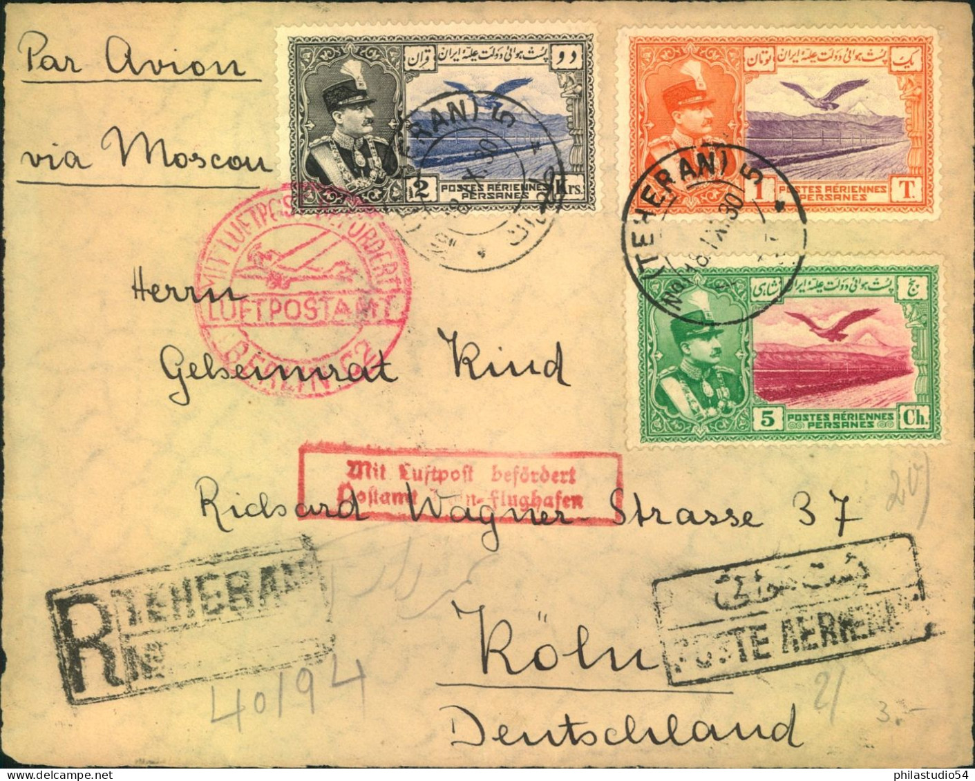 1930, Nica Air Mail Front, Registered Teheran To Colgne With Two Confiation Marks - Iran