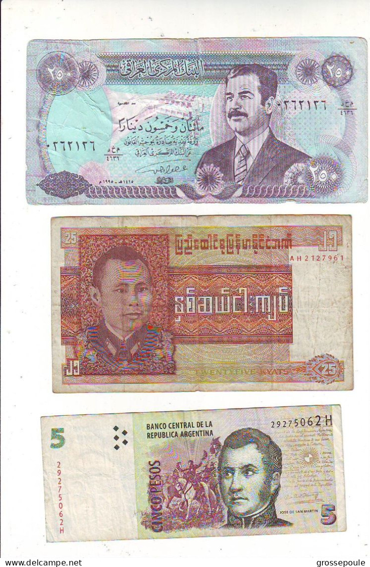 LOT 3 BILLETS - IRAK - ARGENTINE - MYANMAR ( BURMA ) - CIRCULES - Alla Rinfusa - Banconote