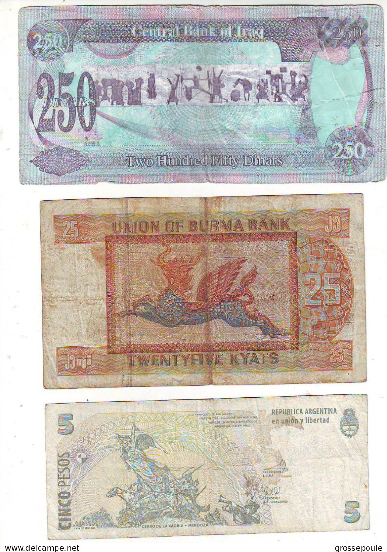 LOT 3 BILLETS - IRAK - ARGENTINE - MYANMAR ( BURMA ) - CIRCULES - Kiloware - Banknoten