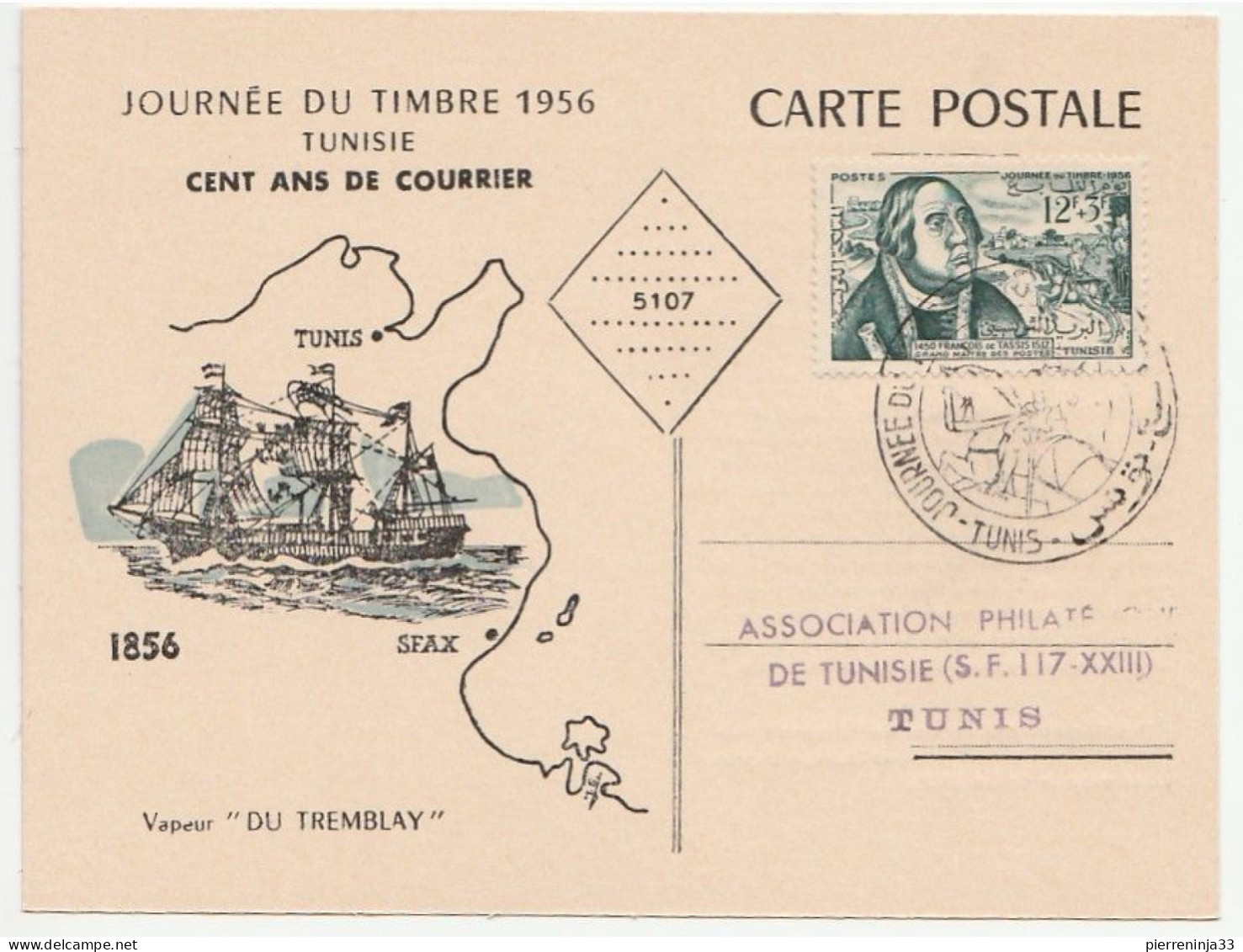 Carte Illustrée Du Bateau Vapeur "Du Tremblay", Journée Du Timbre 1956, Tunis - Covers & Documents