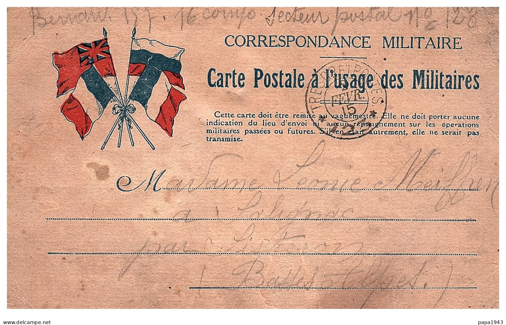 1915  CP " Carte Postale à L' Usage Des MILITAIRES "  S P 123  Envoyée à SALIGNAC 04 - Brieven En Documenten