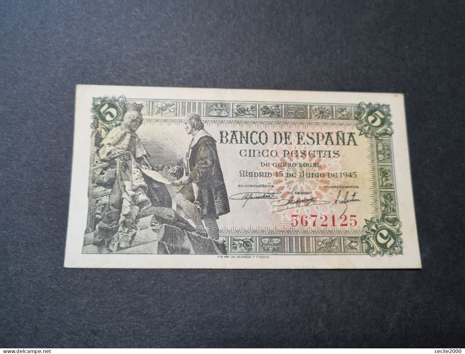 SIN SERIE** SPAIN BANKNOTE 5 PESETAS 1945 AUNC / EBC/EBC+ BILLETE ESPAÑA *COMPRAS MULTIPLES CONSULTAR* - 1-2 Pesetas