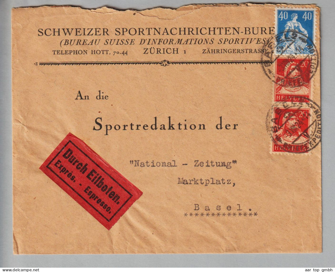 Schweiz Helvetia Mit Schwert 1924-08-03 Basel Orts-Expressbrief  40Rp. + 2x20Rp. - Lettres & Documents