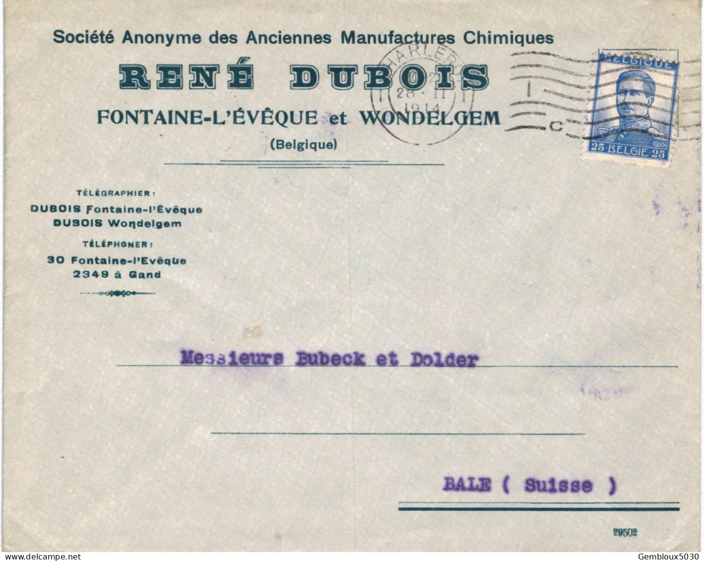(01) Belgique N° 125  Sur Enveloppe écrite De Fontaine-l'Evêque Vers Bale Suisse - Lettres & Documents