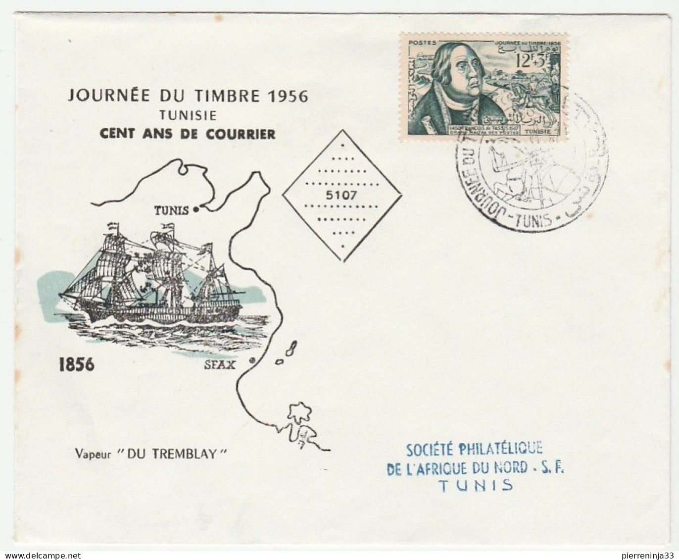Lettre Illustrée Bateau Vapeur "Du Tremblay" , Journée Du Timbre 1956, Tunis - Covers & Documents