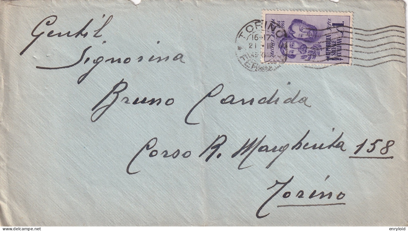 RSI 1945 Lettera Affrancata 1 Lira Fratelli Bandiera Isolato 21.3.1945 - Marcophilie