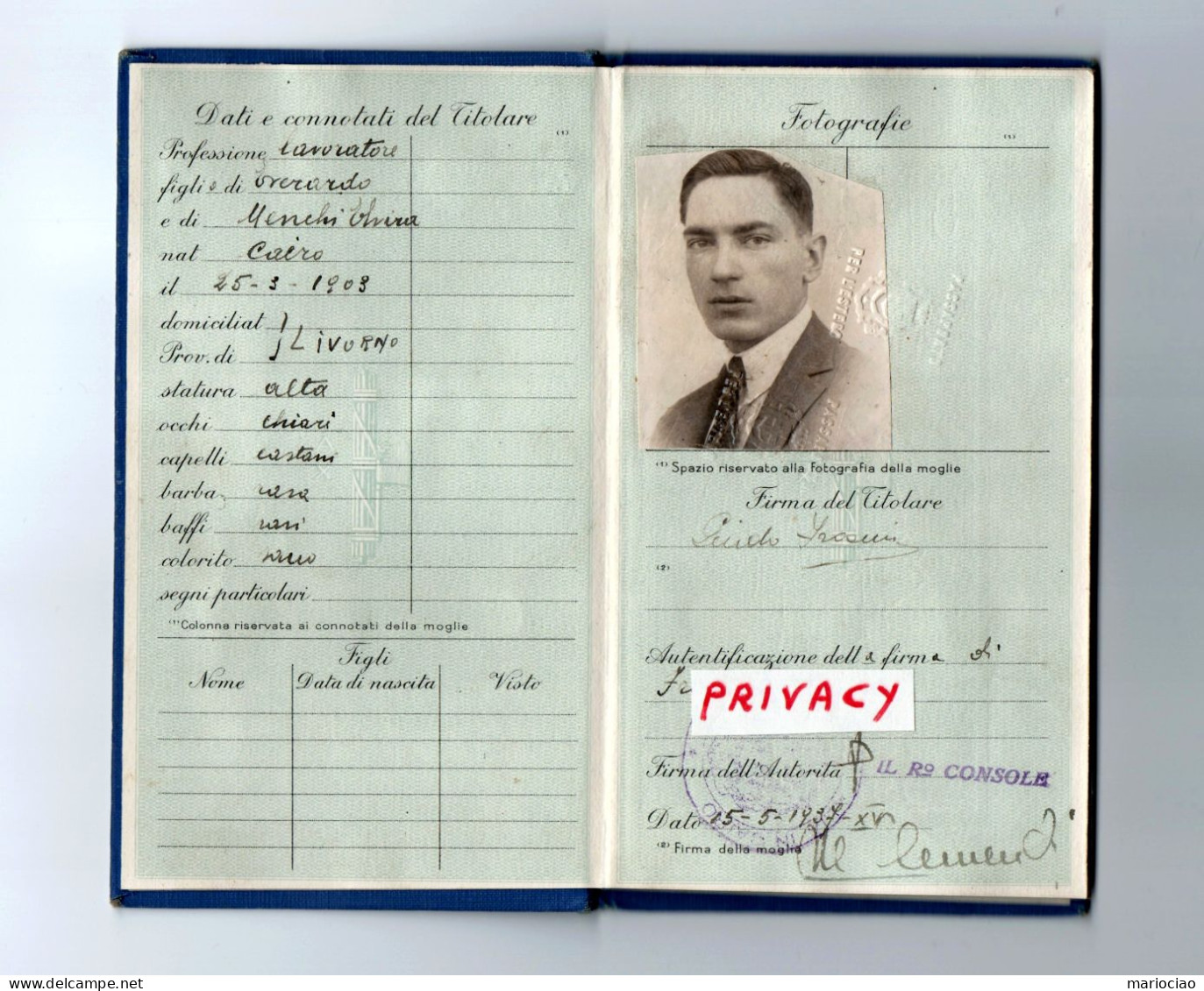 D-IT PASSAPORTO Rilasciato Dal Consolato Al CAIRO Del Regno D'Italia PNF 1937 - Documentos Históricos